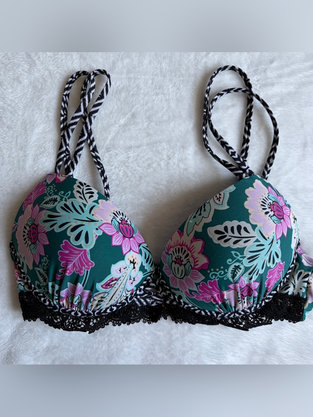 Women’s (M) Floral Bikini Top - Paisley Print Teal Push Up Swim Top W/ Lace Trim